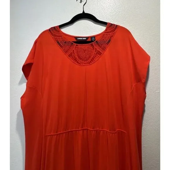 Lands End Women’s Plus Size 1X Bright Red Orange Crochet Neck Maxi Dress Boho - Picture 2 of 8